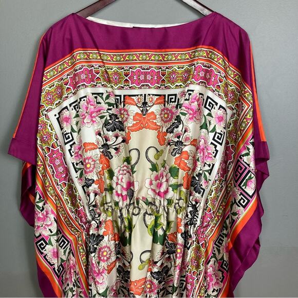 Josie Natori Kaftan dress tunic L / XL silk pattern luxury butterfly pink Asian - Picture 4 of 12